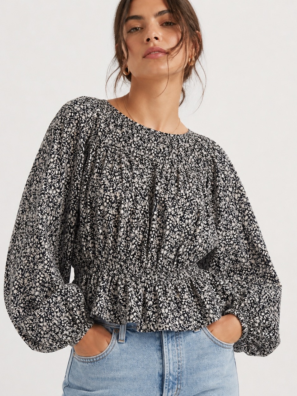 UNIVERSAL THREAD Black Floral Peplum Blouse Puff Sleeve Smocked Boho Top